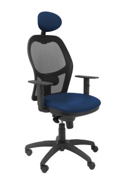 Silla Jorquera malla negra asiento similpiel azul marino con cabecero fijo