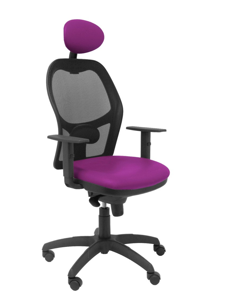 Silla Jorquera malla negra asiento similpiel morado con cabecero fijo