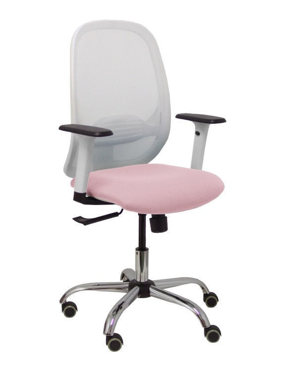 Silla Cilanco blanca malla blanca asiento bali rosa brazo regulable base cromada ruedas de parqué