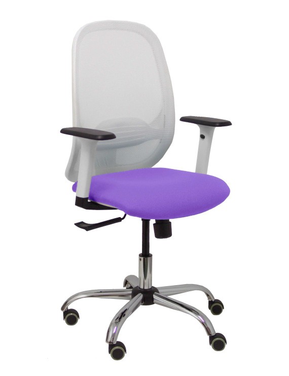 Silla Cilanco blanca malla blanca asiento bali lila brazo regulable base cromada ruedas de parqué