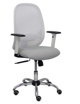 Silla Cilanco blanca malla blanca asiento bali gris claro brazo regulable base cromada ruedas de parqué