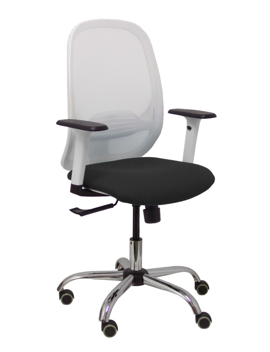 Silla Cilanco blanca malla blanca asiento similpiel negro brazo reg. base cromada RP