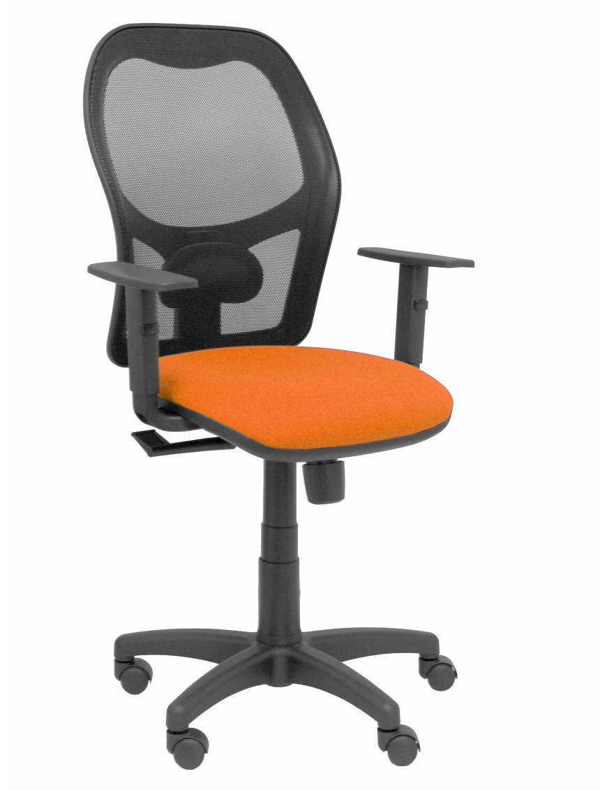 Silla Alocén malla negra asiento bali naranja brazos regulables