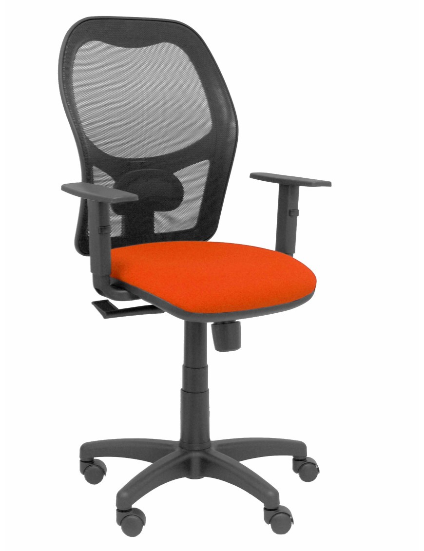 Silla Alocén malla negra asiento bali naranja oscuro brazos regulables