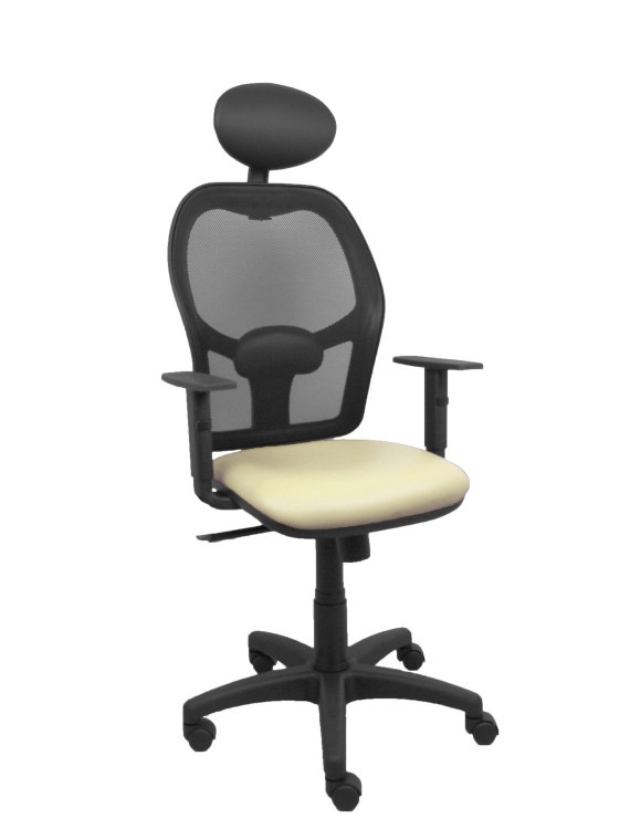 Silla Alocén malla negra asiento similpiel crema brazos regulables cabecero fijo