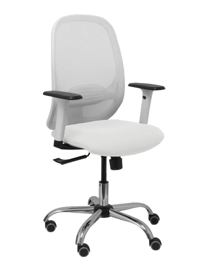 Silla Cilanco blanca malla blanca asiento bali blanco brazo regulable base cromada ruedas de parqué