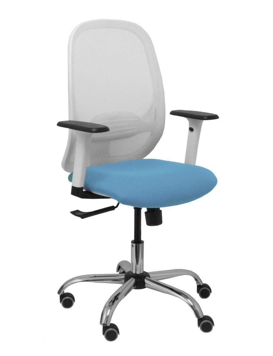 Silla Cilanco blanca malla blanca asiento bali azul cielo brazo regulable base cromada ruedas de parq ué