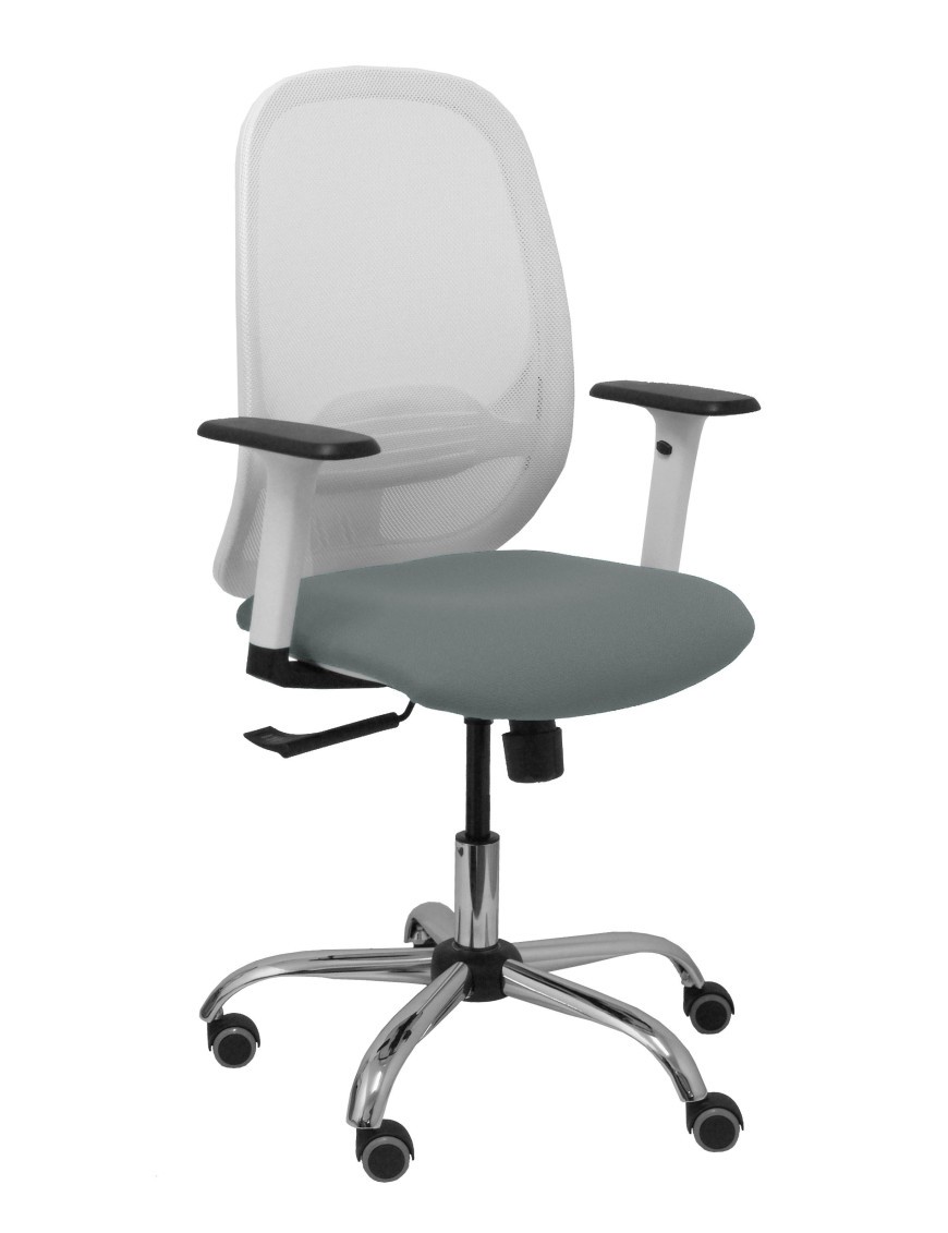 Silla Cilanco blanca malla blanca asiento bali gris brazo regulable base cromada ruedas de parqué