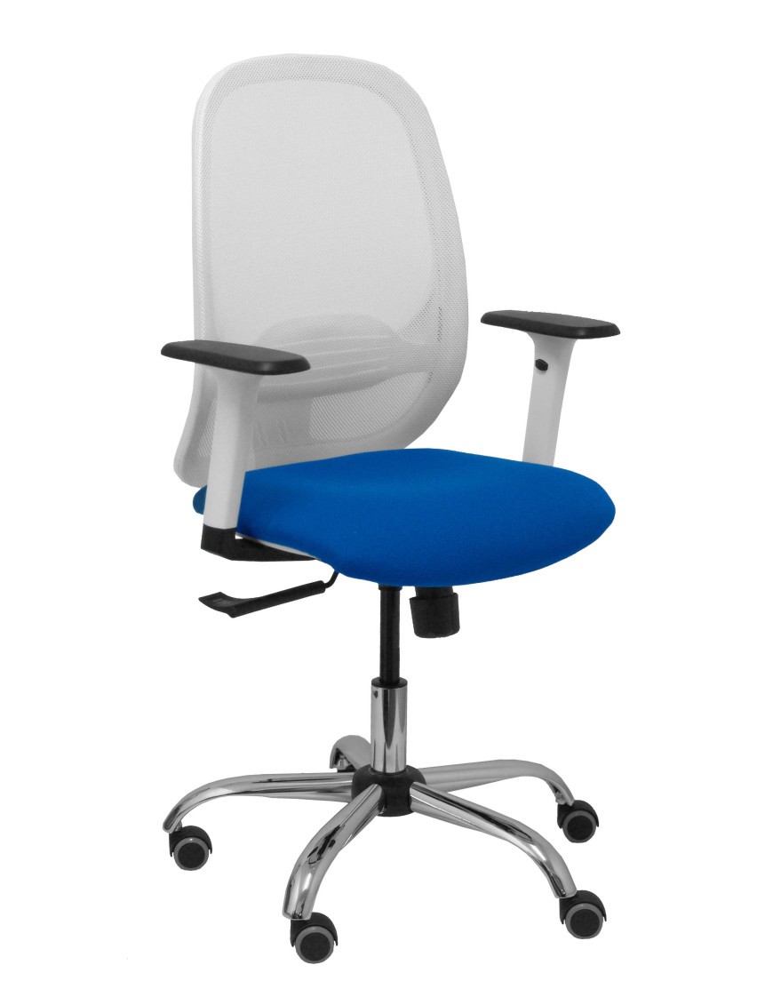 Silla Cilanco blanca malla blanca asiento bali azul brazo regulable base cromada ruedas de parqué