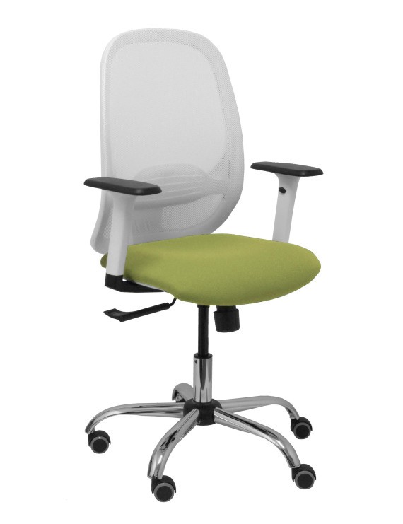 Silla Cilanco blanca malla blanca asiento bali verde oliva brazo regulable base cromada ruedas de parqué