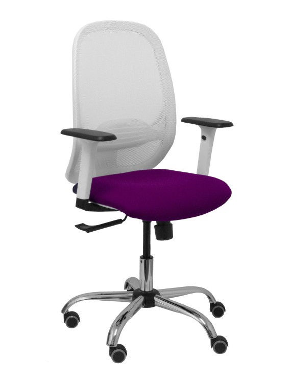 Silla Cilanco blanca malla blanca asiento bali morado brazo regulable base cromada ruedas de parqué