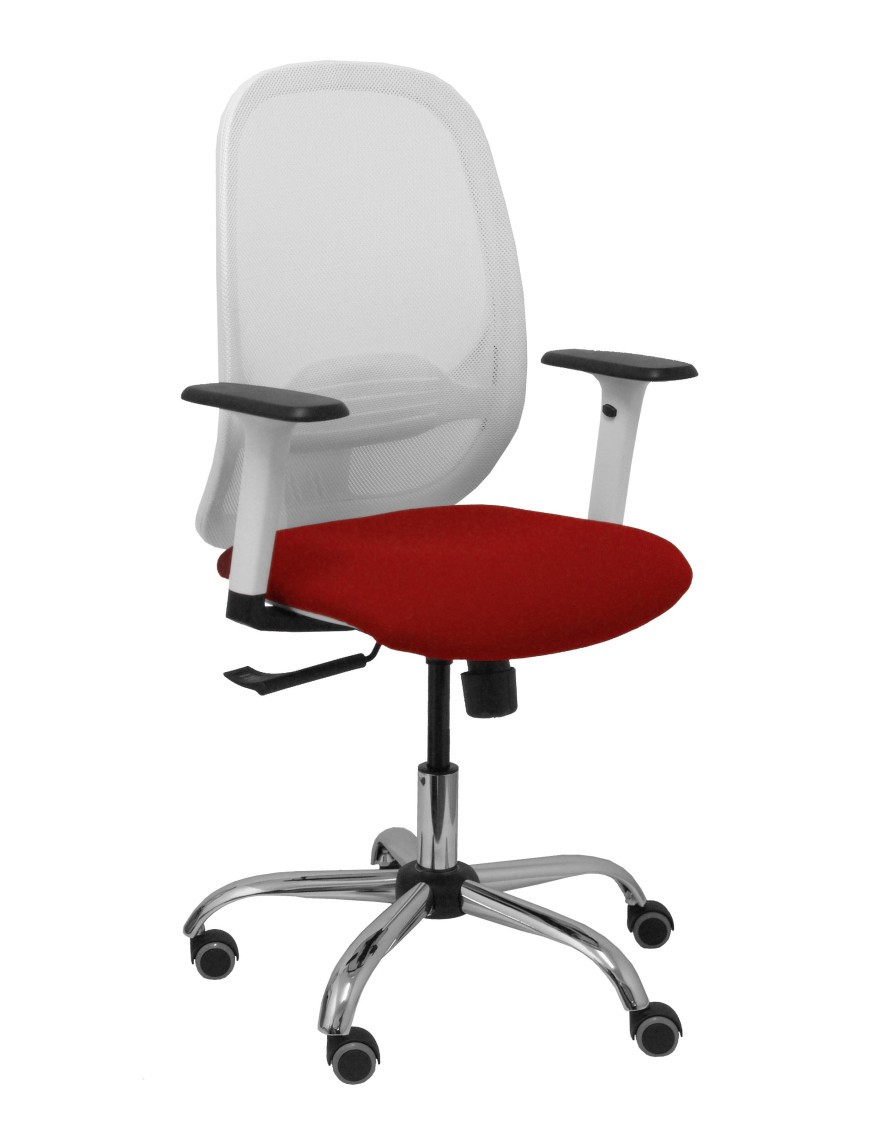 Silla Cilanco blanca malla blanca asiento bali granate brazo regulable base cromada ruedas de parqué