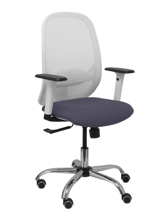 Silla Cilanco blanca malla blanca asiento bali gris oscuro brazo regulable base cromada ruedas de parqué