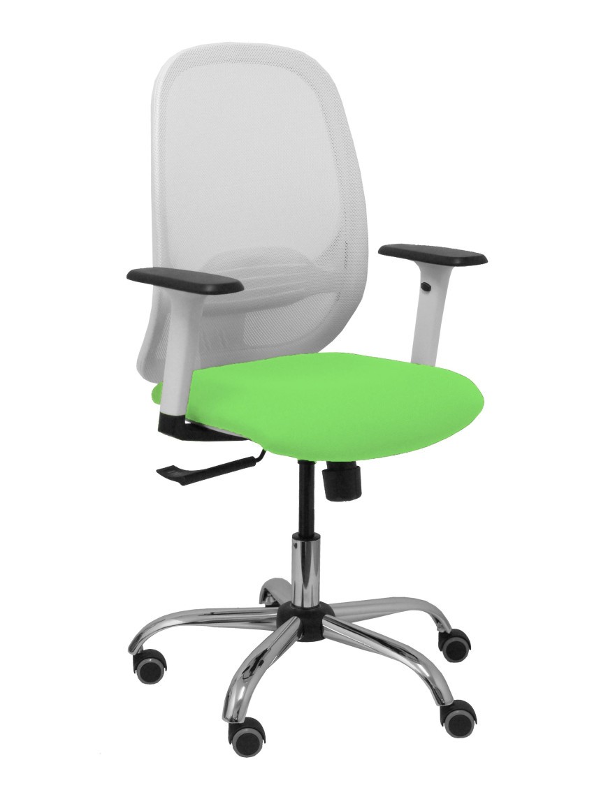 Silla Cilanco blanca malla blanca asiento bali pistacho brazo regulable base cromada ruedas de parqué