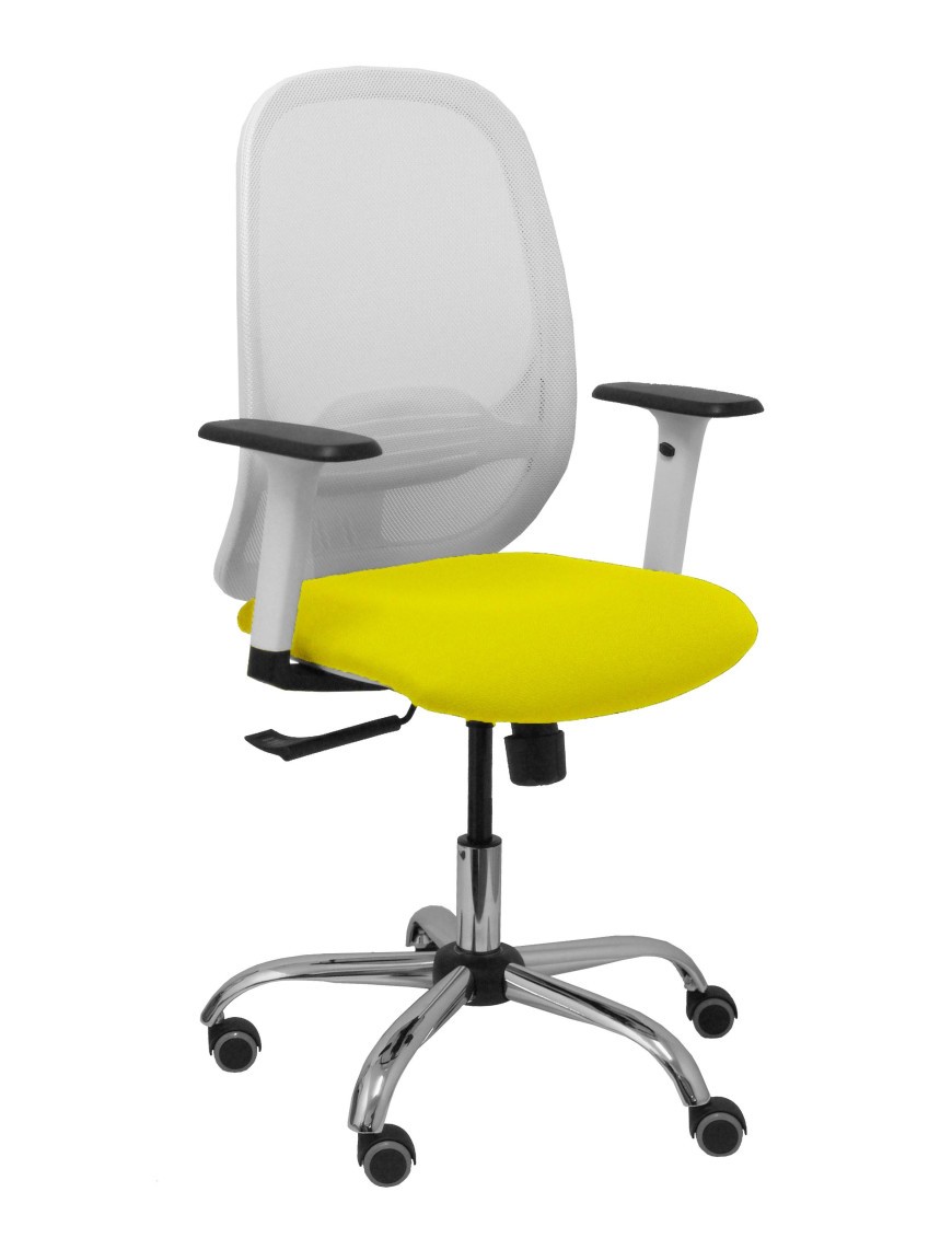 Silla Cilanco blanca malla blanca asiento bali amarillo brazo regulable base cromada ruedas de parqué