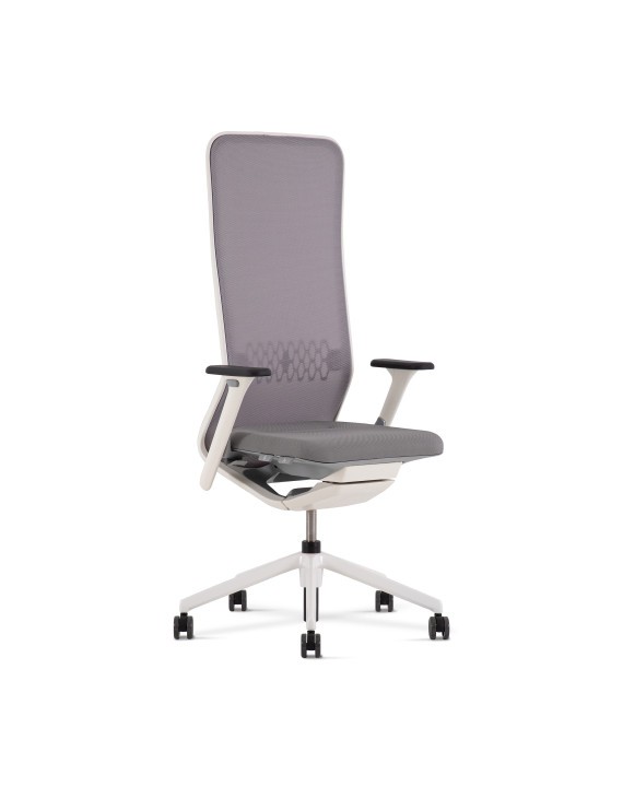 Silla YouTeam gris traslack radio gris brazos 4D, base blanca y lumbar