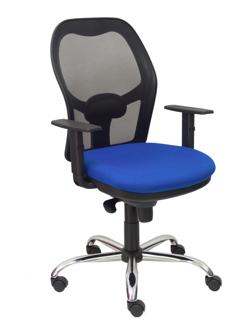 Silla Jorquera malla negra asiento bali azul brazos regulables base cromada