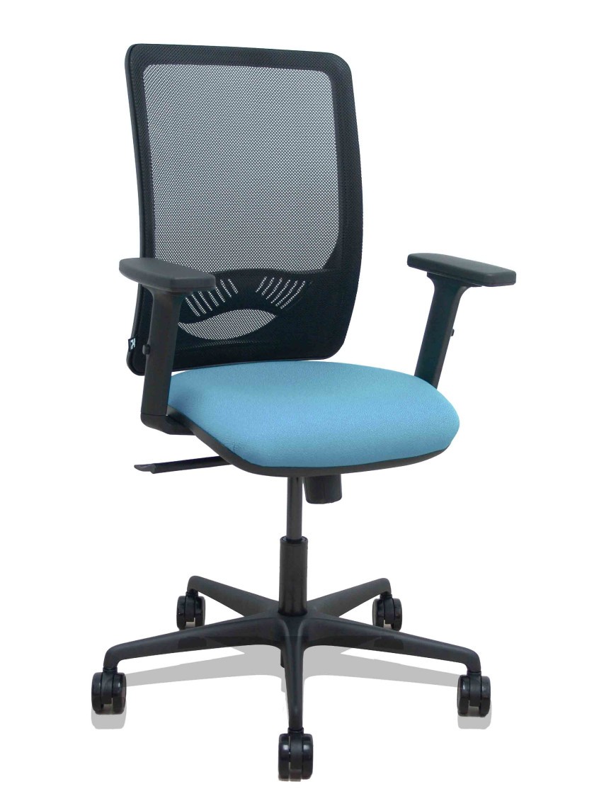 Silla Zulema sincro malla negra asiento bali azul cielo brazos 2D ruedas 65mm