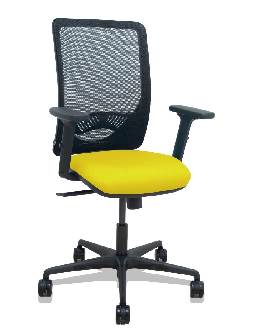 Silla Zulema sincro malla negra asiento bali amarillo brazos 2D ruedas 65mm