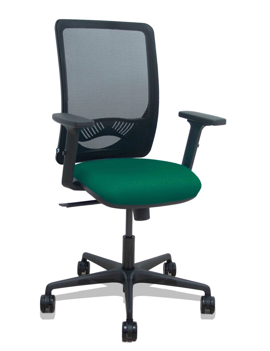 Silla Zulema sincro malla negra asiento bali verde botella brazos 2D ruedas 65mm