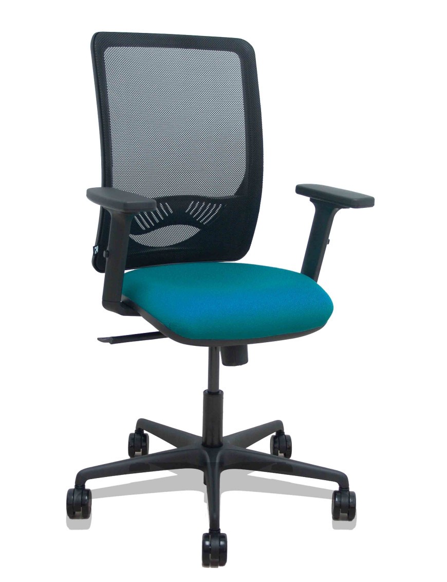 Silla Zulema sincro malla negra asiento bali verde petróleo brazos 2D ruedas 65mm