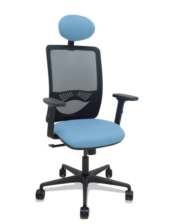 Silla Zulema sincro malla negra asiento bali azul cielo brazos 2D ruedas 65mm cabecero