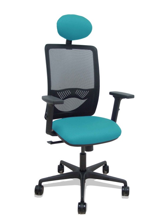 Silla Zulema sincro malla negra asiento bali turquesa brazos 2D ruedas 65mm cabecero