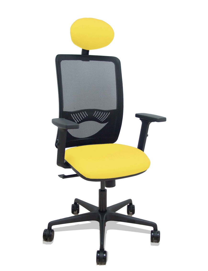 Silla Zulema sincro malla negra asiento bali amarillo brazos 2D ruedas 65mm cabecero