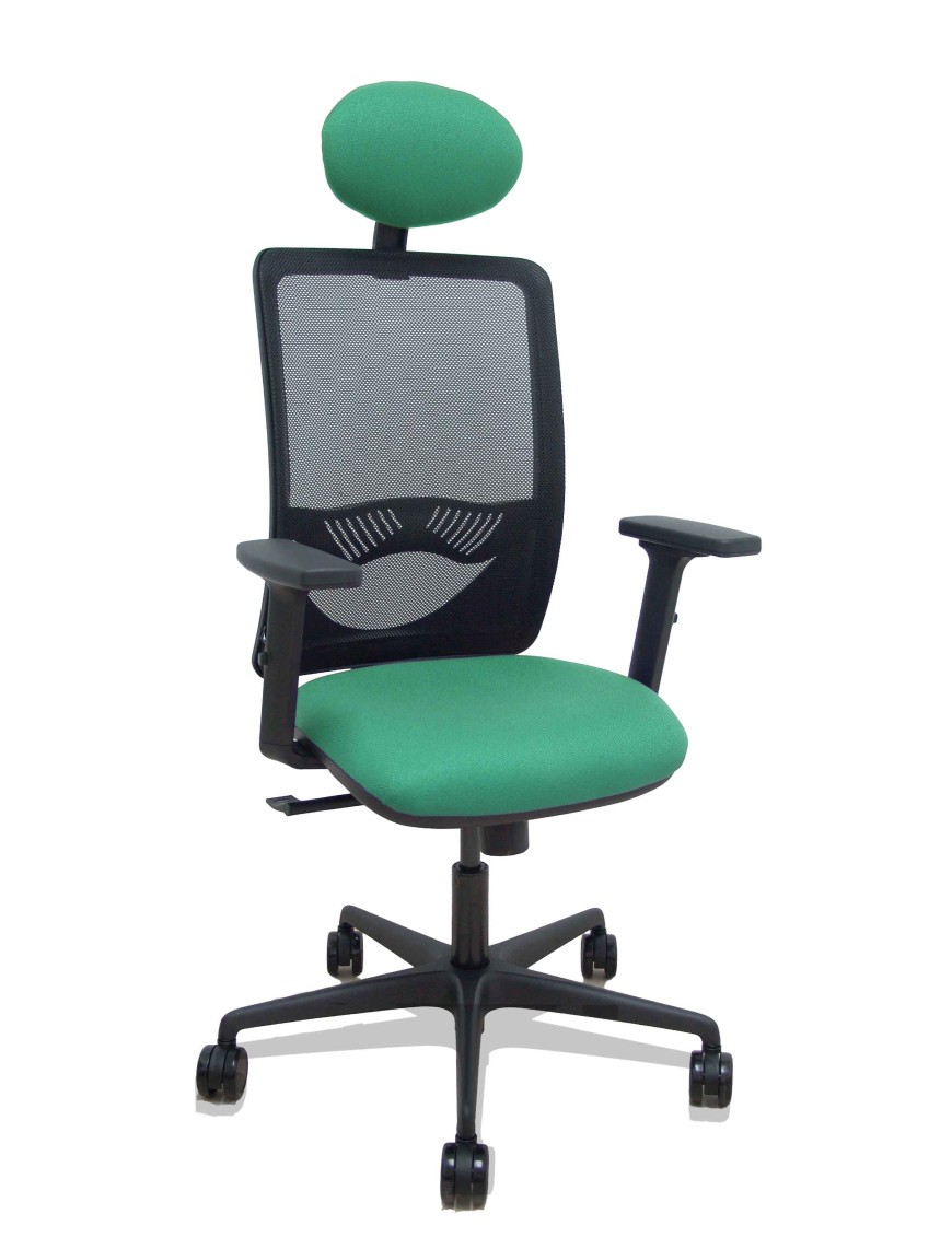 Silla Zulema sincro malla negra asiento bali verde esmeralda brazos 2D ruedas 65mm cabecero