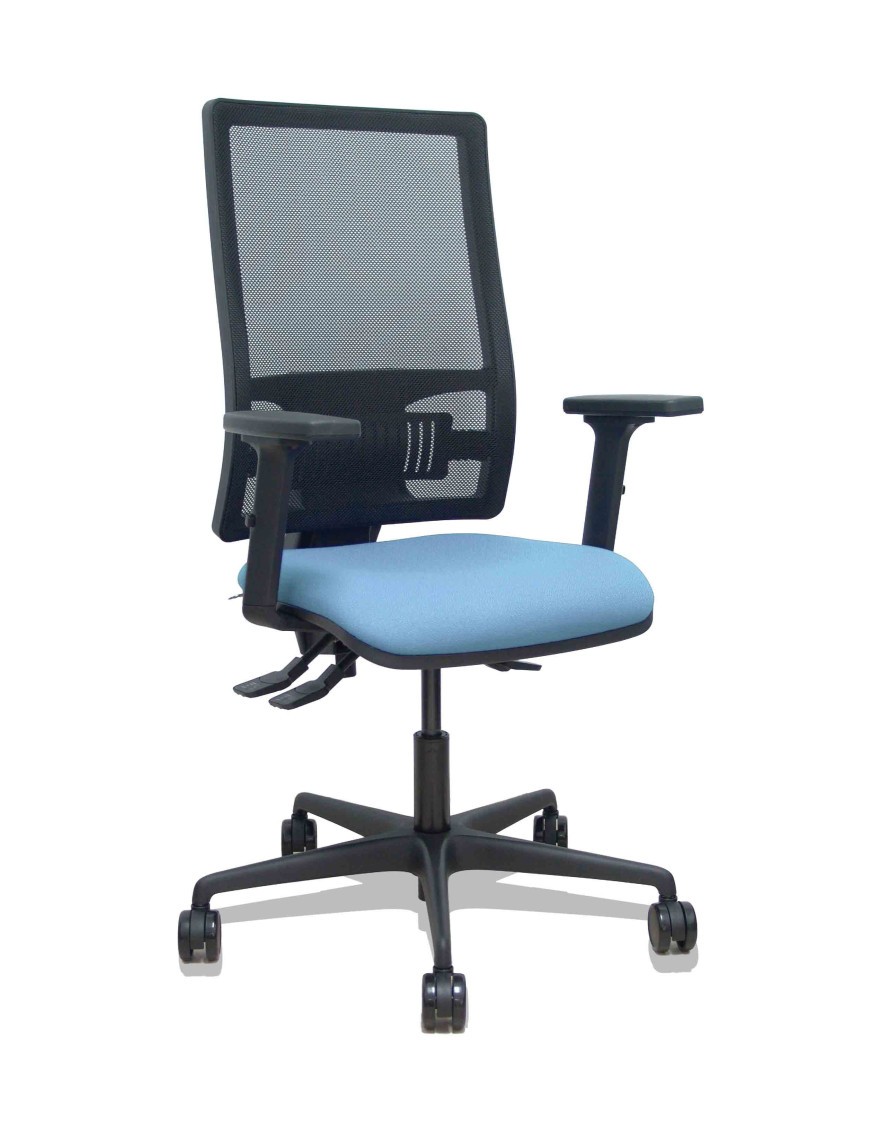 Silla Bormate asincro malla negra asiento bali azul cielo brazos 2D ruedas 65mm