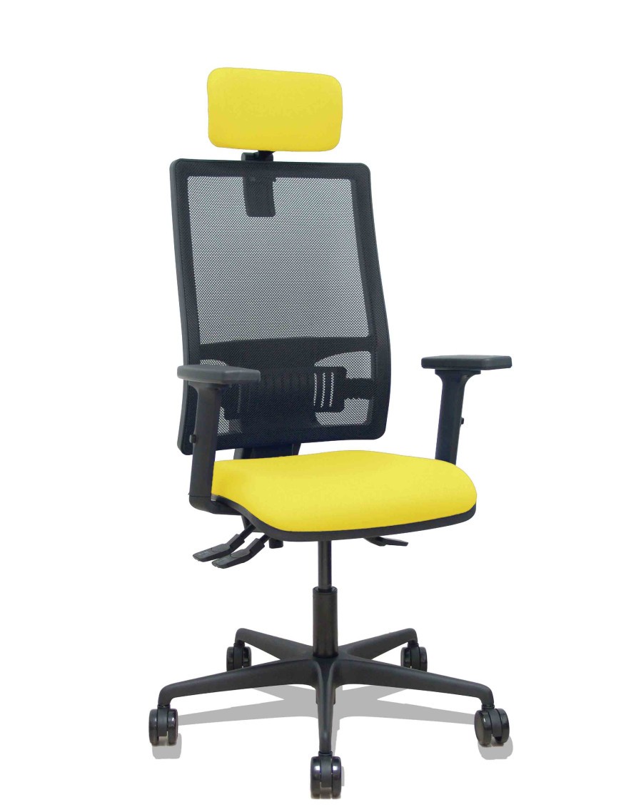 Silla Bormate asincro malla negra asiento bali amarillo brazos 2D ruedas 65mm cabecero regulable