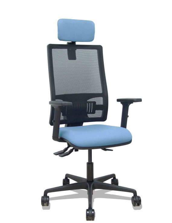 Silla Bormate asincro malla negra asiento bali azul cielo brazos 2D ruedas 65mm cabecero regulable