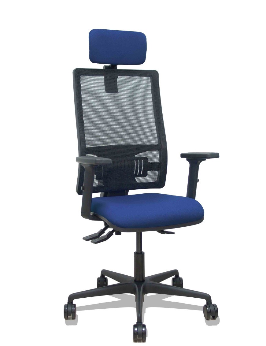 Silla Bormate asincro malla negra asiento bali azul marino brazos 2D ruedas 65mm cabecero regulable