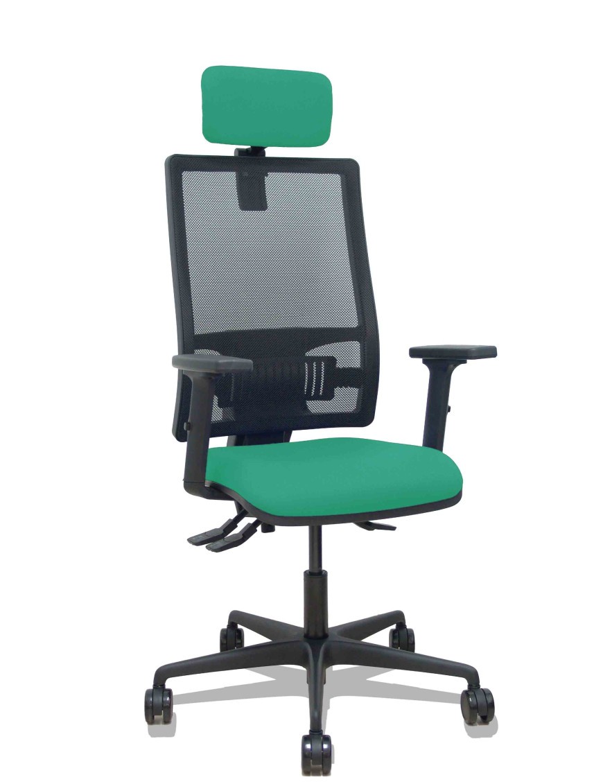 Silla Bormate asincro malla negra asiento bali verde esmeralda brazos 2D ruedas 65mm cabecero regulable