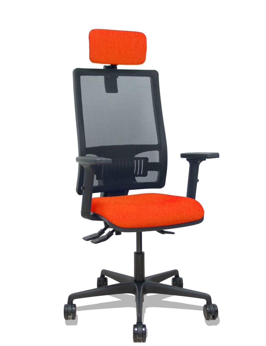 Silla Bormate asincro malla negra asiento bali naranja oscuro brazos 2D ruedas 65mm cabecero regulable