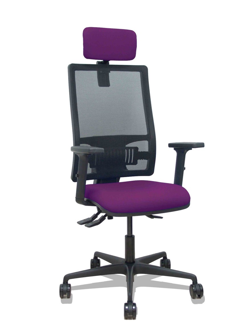 Silla Bormate asincro malla negra asiento bali morado brazos 2D ruedas 65mm cabecero regulable