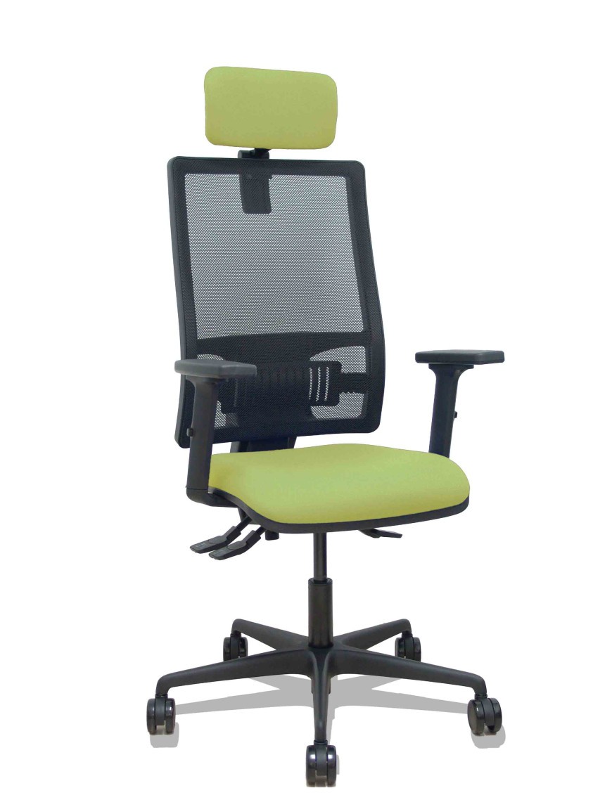 Silla Bormate asincro malla negra asiento bali verde oliva brazos 2D ruedas 65mm cabecero regulable