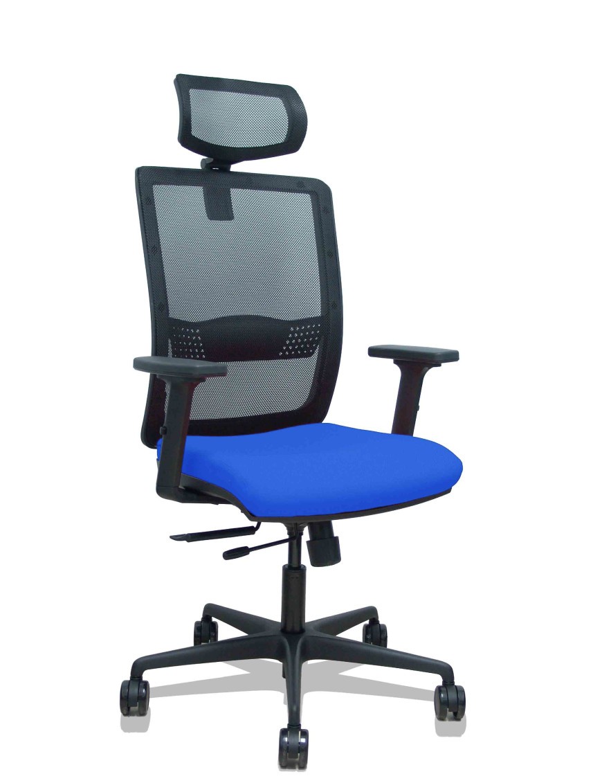 Silla Haches traslack malla negra asiento bali azul brazos 2D ruedas 65mm cabecero regulable