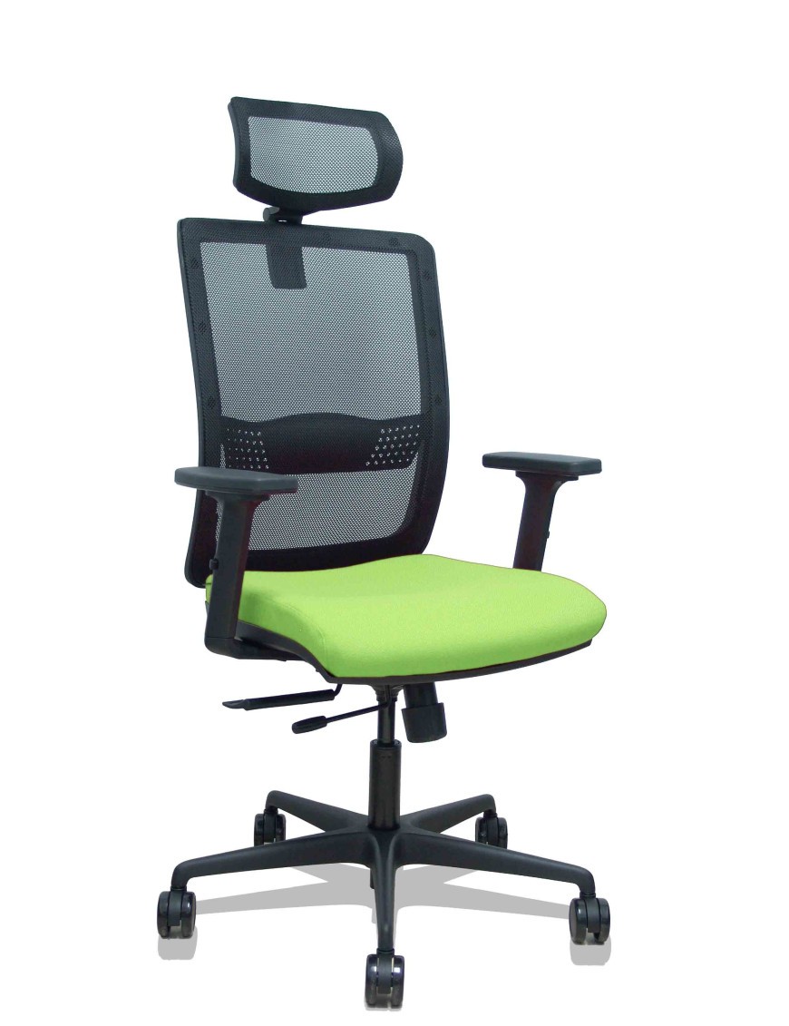 Silla Haches traslack malla negra asiento bali pistacho brazos 2D ruedas 65mm cabecero regulable