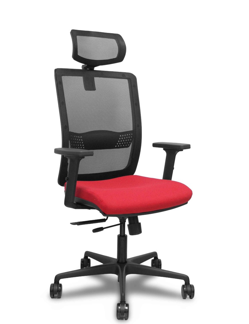 Silla Haches traslack malla negra asiento bali rojo brazos 2D ruedas 65mm cabecero regulable