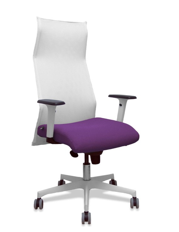 Sillón Sahuco blanco bali morado brazos blancos base blanca ruedas parqué 65mm