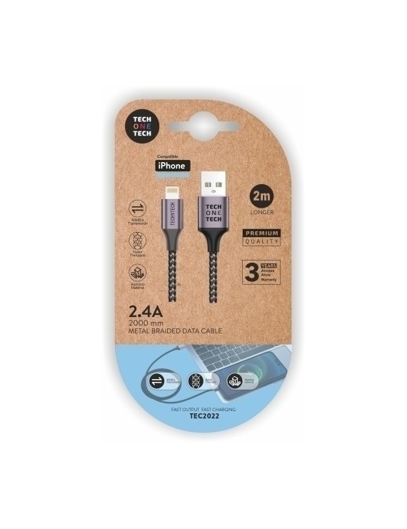 Cable Techone Usb-Lightning Gris 2 M.